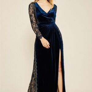 Tadashi Shoji Designer Molin Navy Velvet Gown with Lace Sleeves